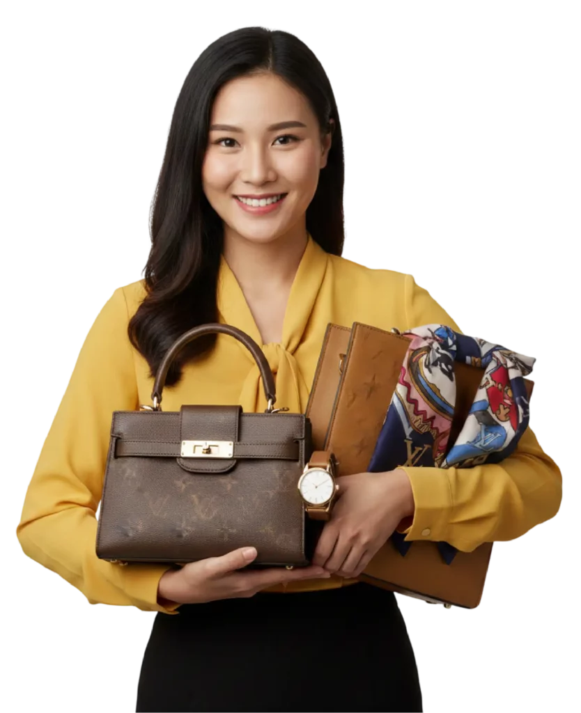 ผู้หญิงถือกระเป๋าแบรนด์เนมและนาฬิกาหรูพร้อมผ้าพันคอ Money2Plus.com รับจำนำกระเป๋า รับซื้อ ให้ราคาสูง ปลอดภัย บางรัก